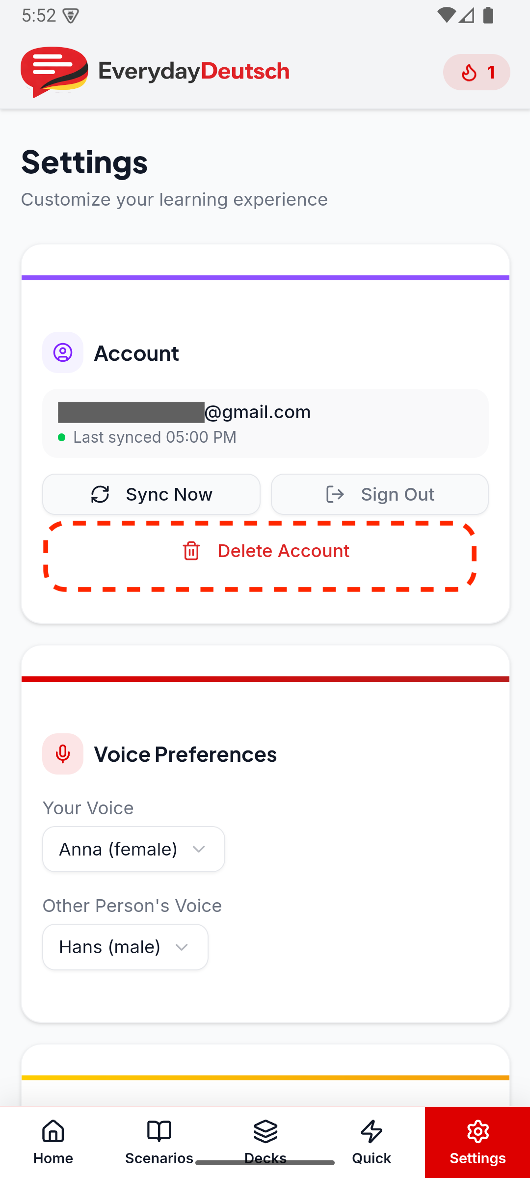 Screenshot showing the Delete Account button in Settings