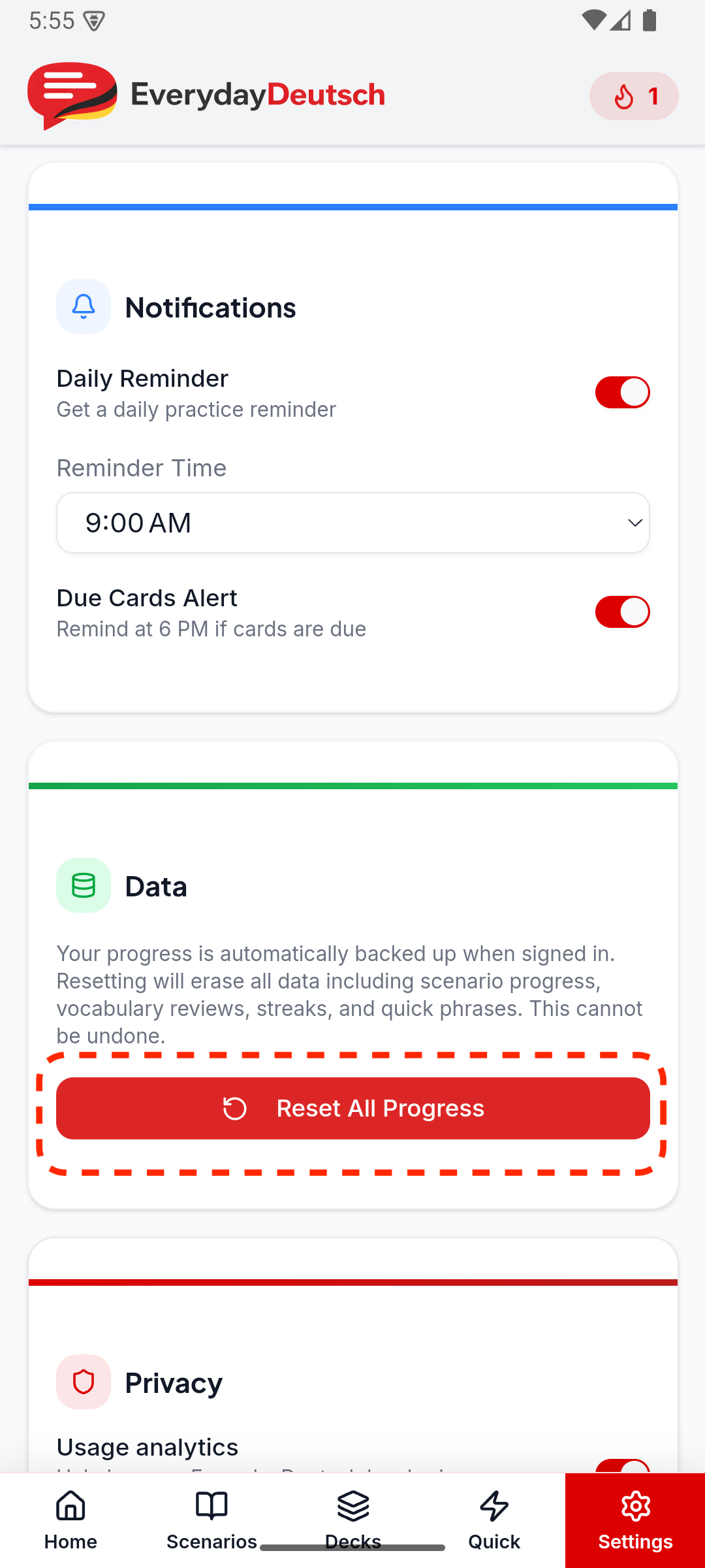 Screenshot showing the Reset All Progress button in Settings
